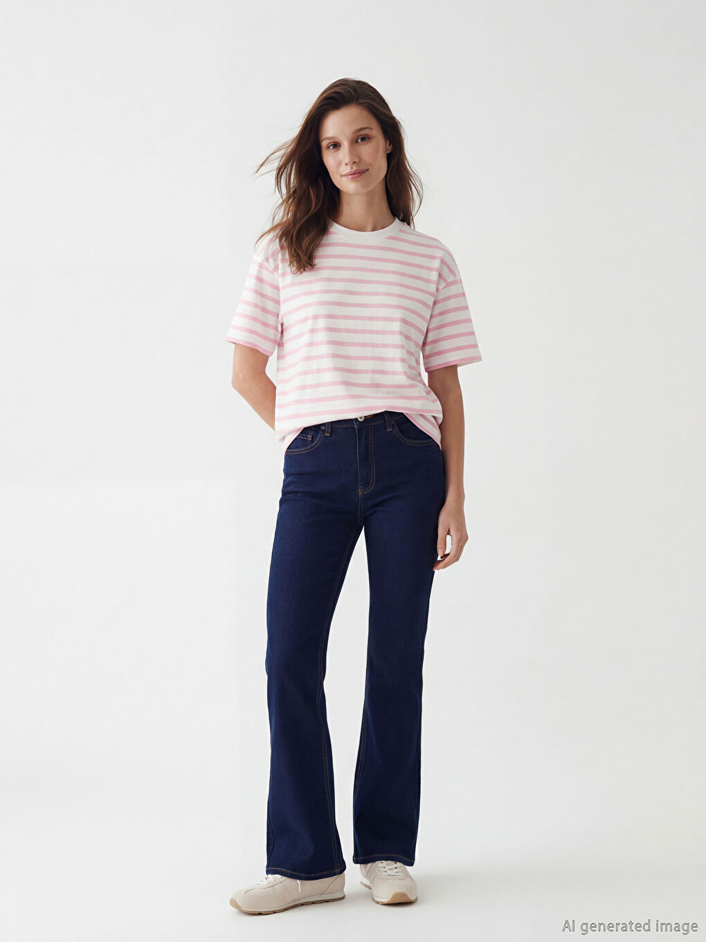 Pembe Bisiklet Yaka Çizgili Kadın Tişört-1