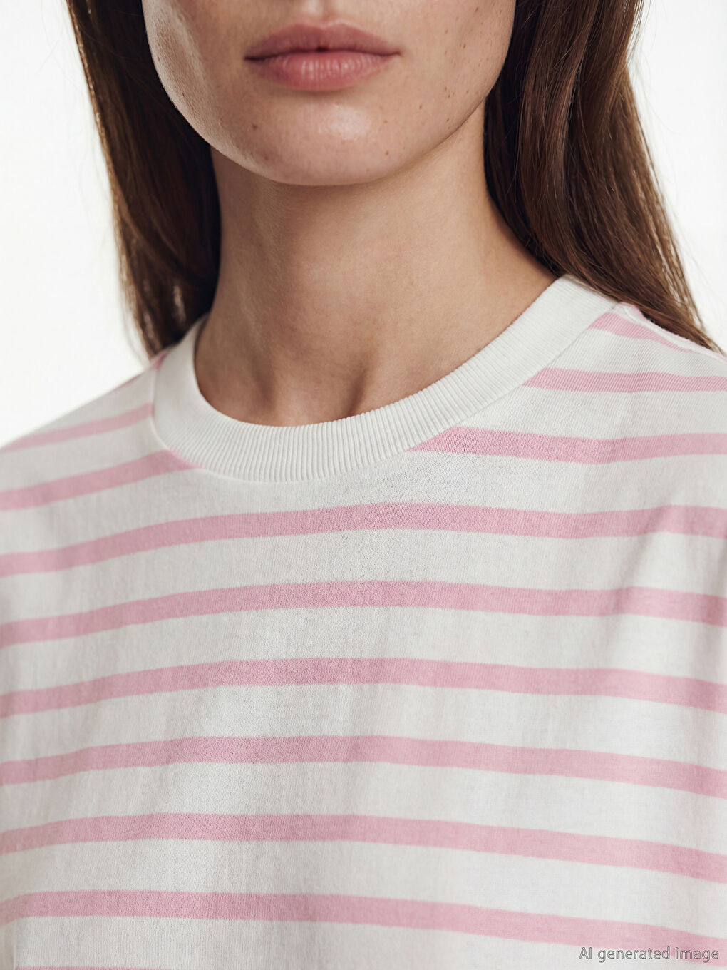 Pembe Bisiklet Yaka Çizgili Kadın Tişört-2