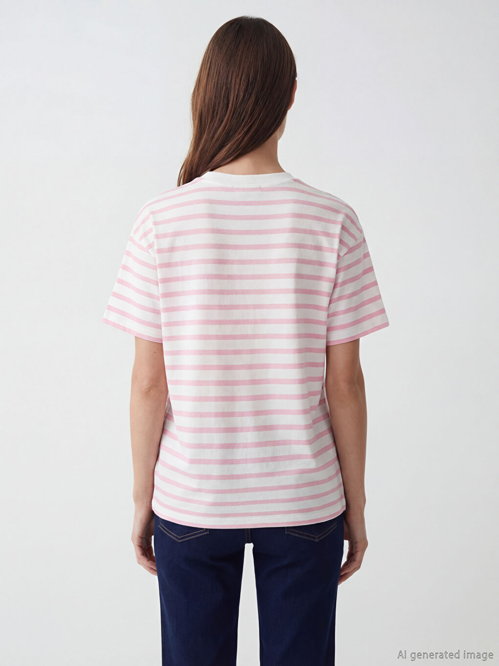Pembe Bisiklet Yaka Çizgili Kadın Tişört-3
