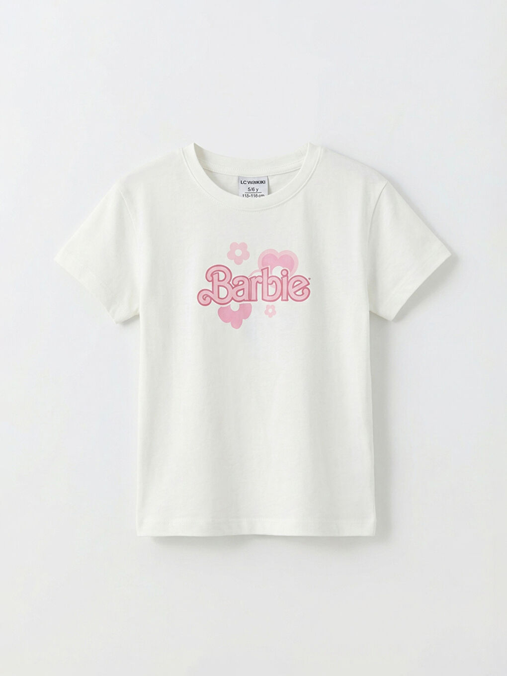 Ekru Bisiklet Yaka Barbie Baskılı Kız Bebek Tişört