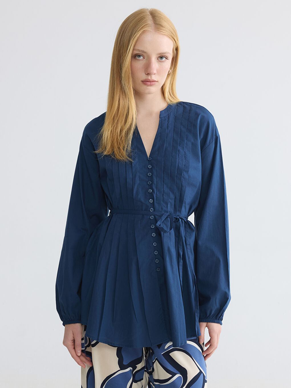 Notch Neck Pleated Blouse
