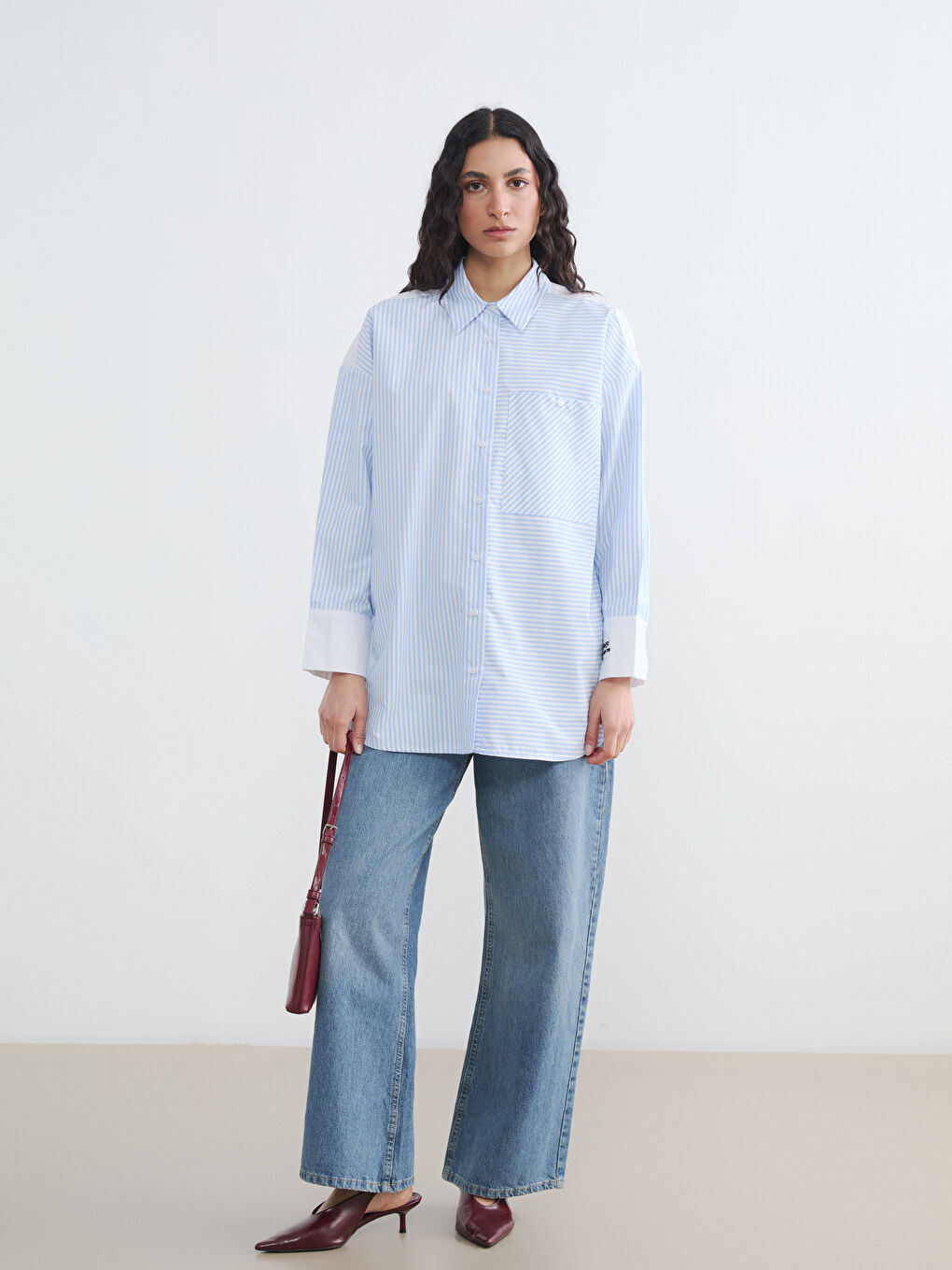 Женщины Голубой Рубашка-туника-1