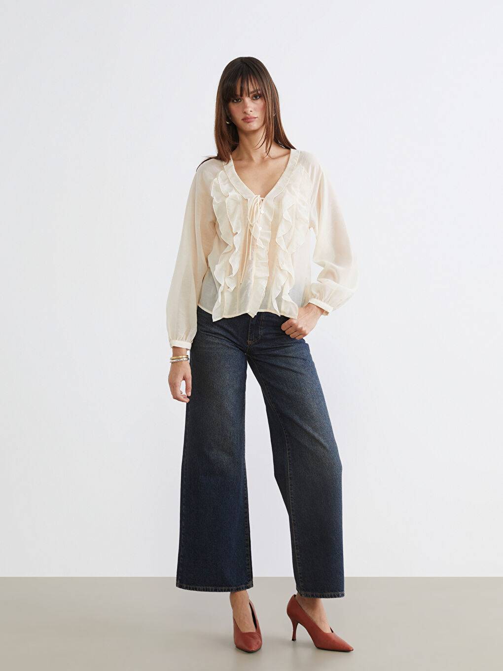 V Neck Frilled Chiffon Blouse-1