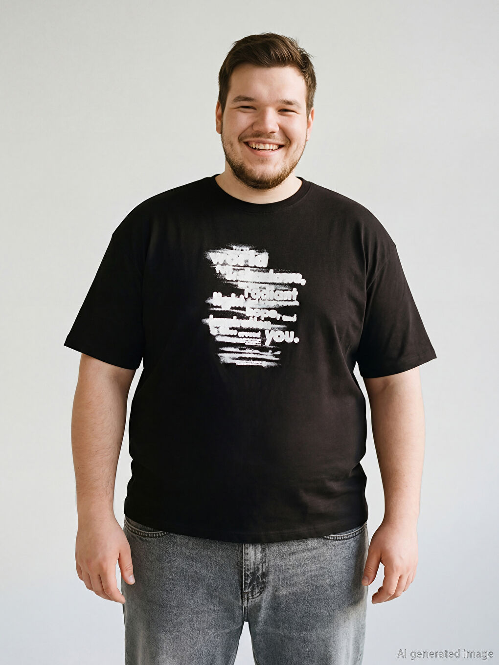 Siyah Büyük Beden Bisiklet Yaka Baskılı Erkek Tişört