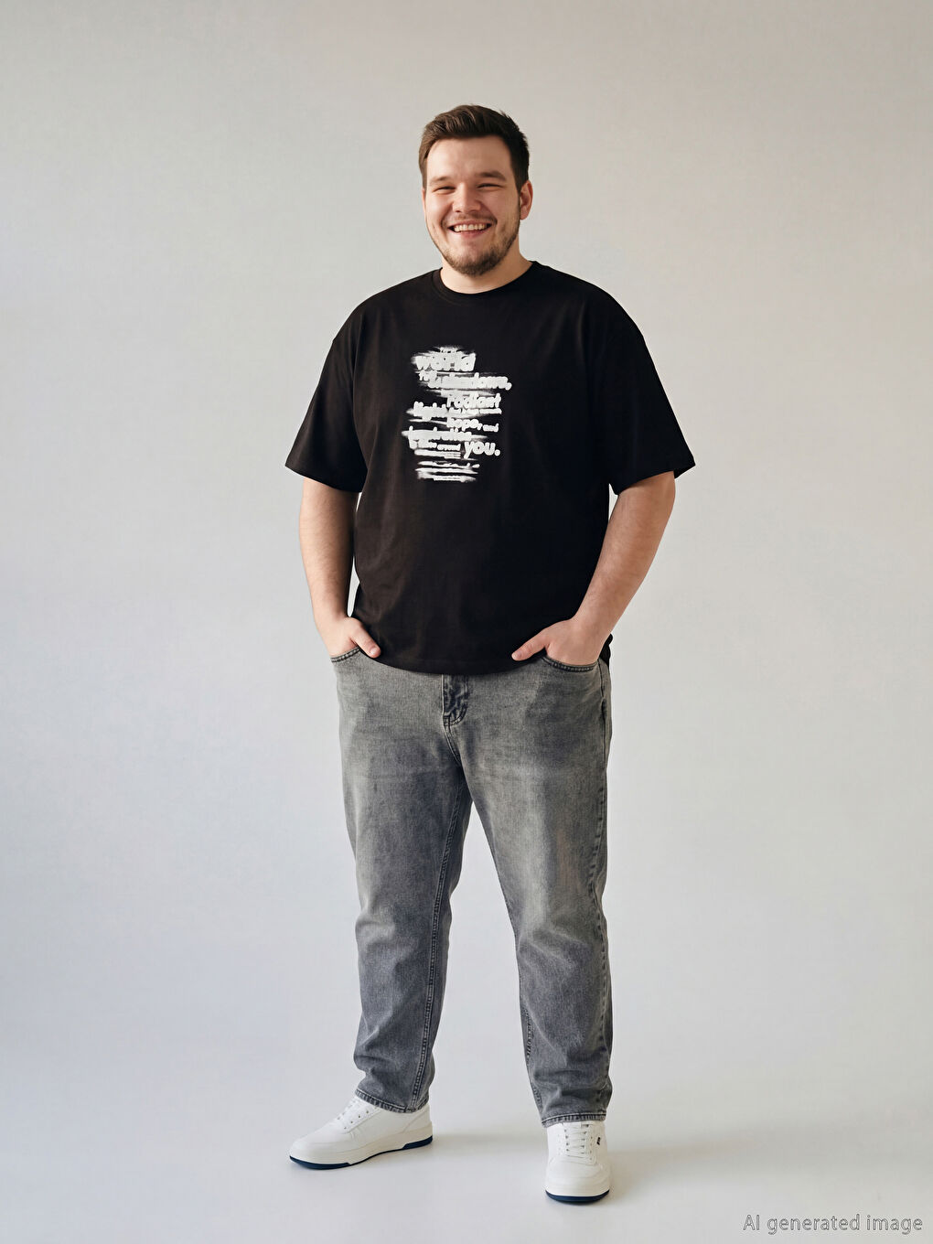 Siyah Büyük Beden Bisiklet Yaka Baskılı Erkek Tişört-1