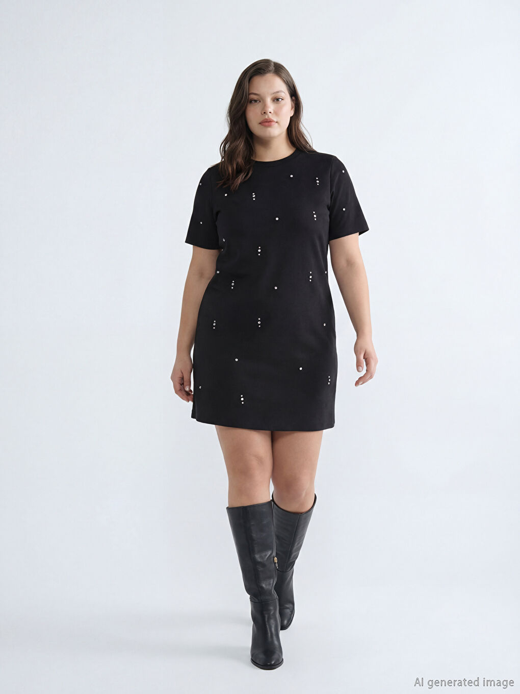 Siyah Bisiklet Yaka Taşlı Mini Elbise-1