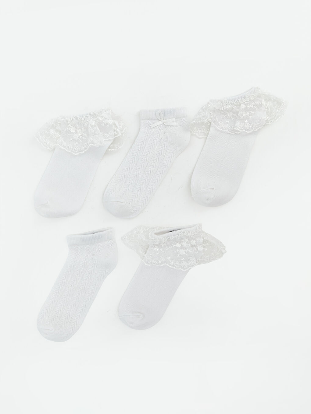 Beyaz Fırfırlı ve Desenli Kız Çocuk Patik Çorap 5'li