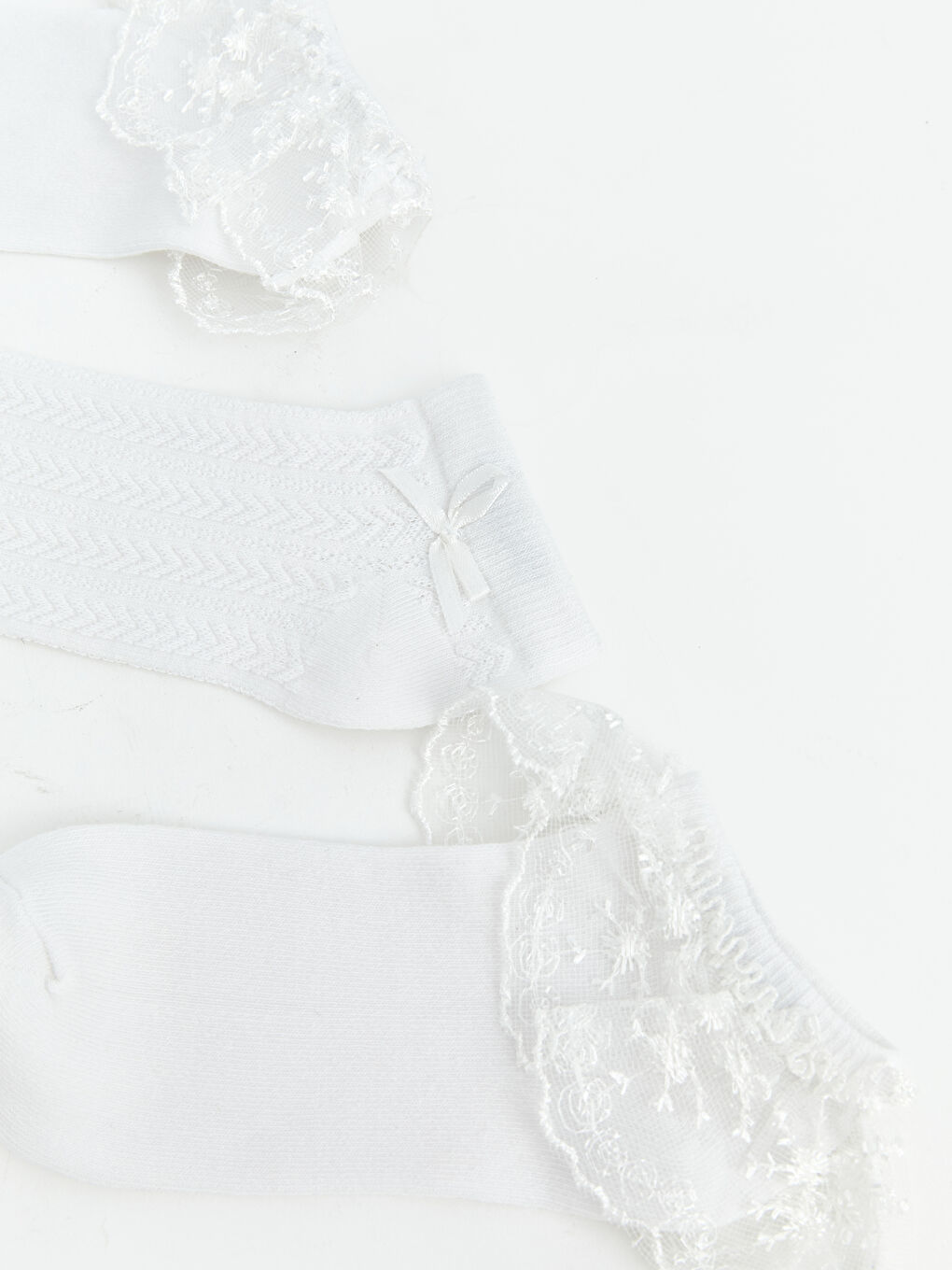 Beyaz Fırfırlı ve Desenli Kız Çocuk Patik Çorap 5'li-1