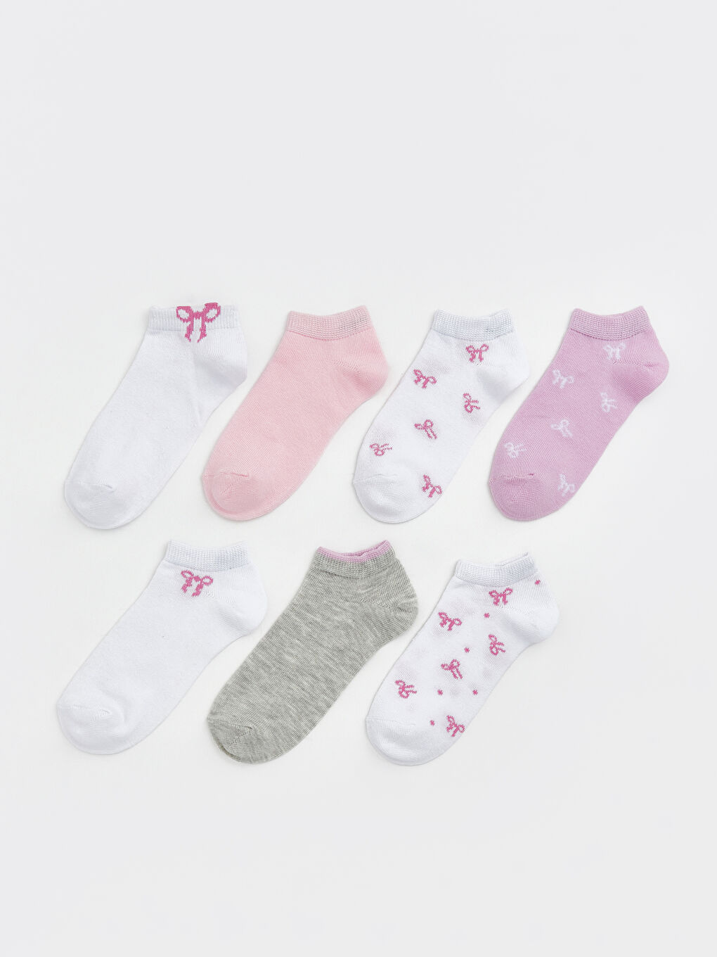 Beyaz Fiyonk Desenli Kız Çocuk Patik Çorap 7'li
