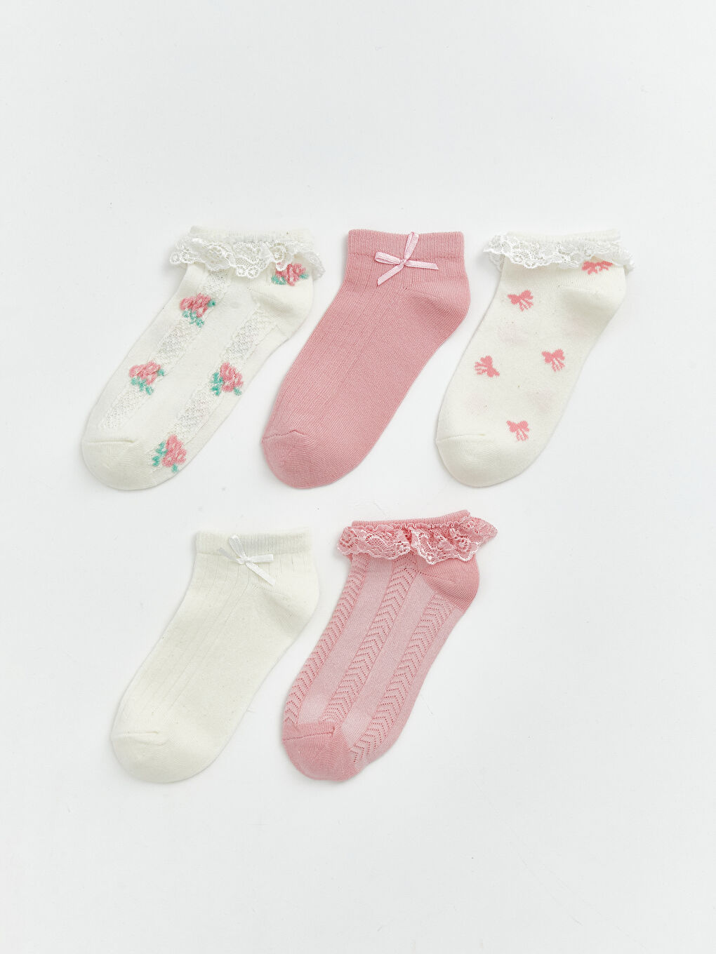 Ekru Fırfırlı ve Desenli Kız Çocuk Patik Çorap 5'li