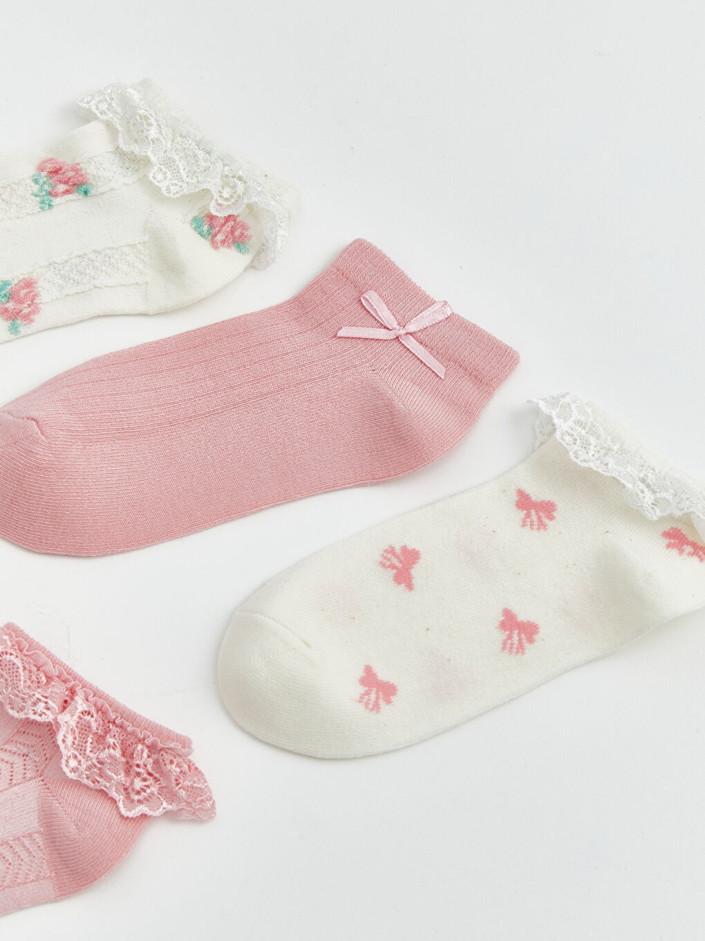 Ekru Fırfırlı ve Desenli Kız Çocuk Patik Çorap 5'li-1