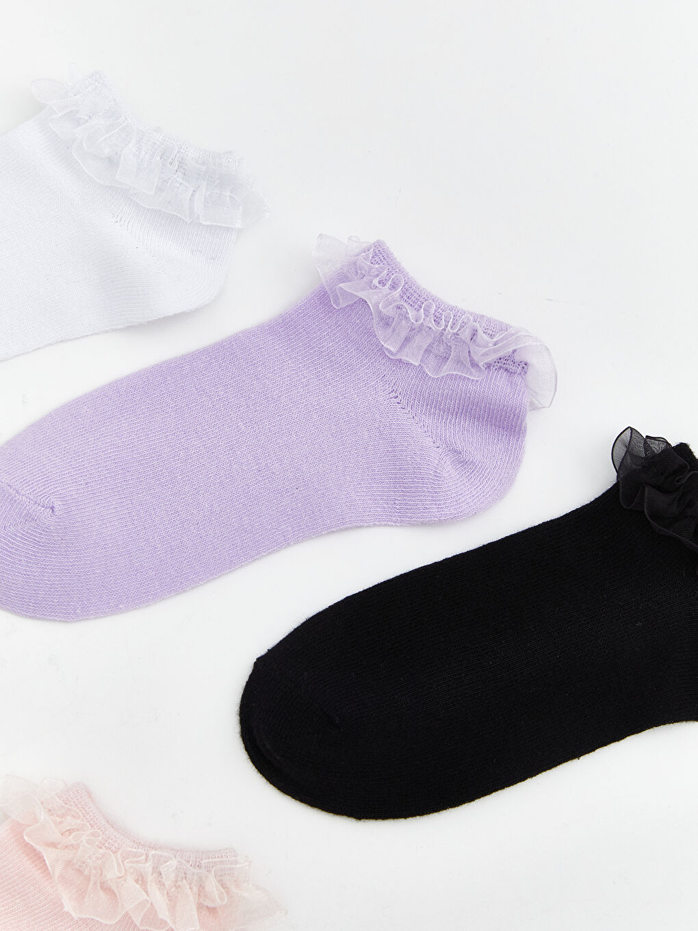 Beyaz Tüllü Fırfır Detaylı Kız Çocuk Patik Çorap 5'li-1