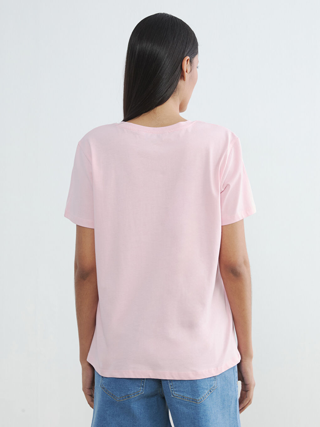 Pembe Bisiklet Yaka Baskılı Kadın Tişört-3