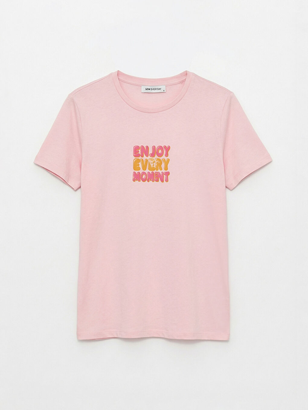 Pembe Bisiklet Yaka Baskılı Kadın Tişört-4