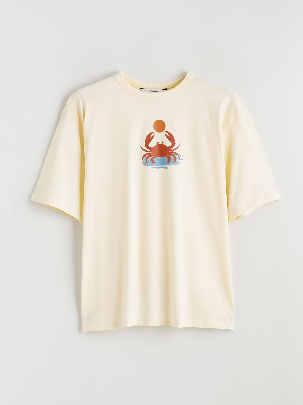 Bej Bisiklet Yaka Baskılı Oversize Kadın Tişört-4