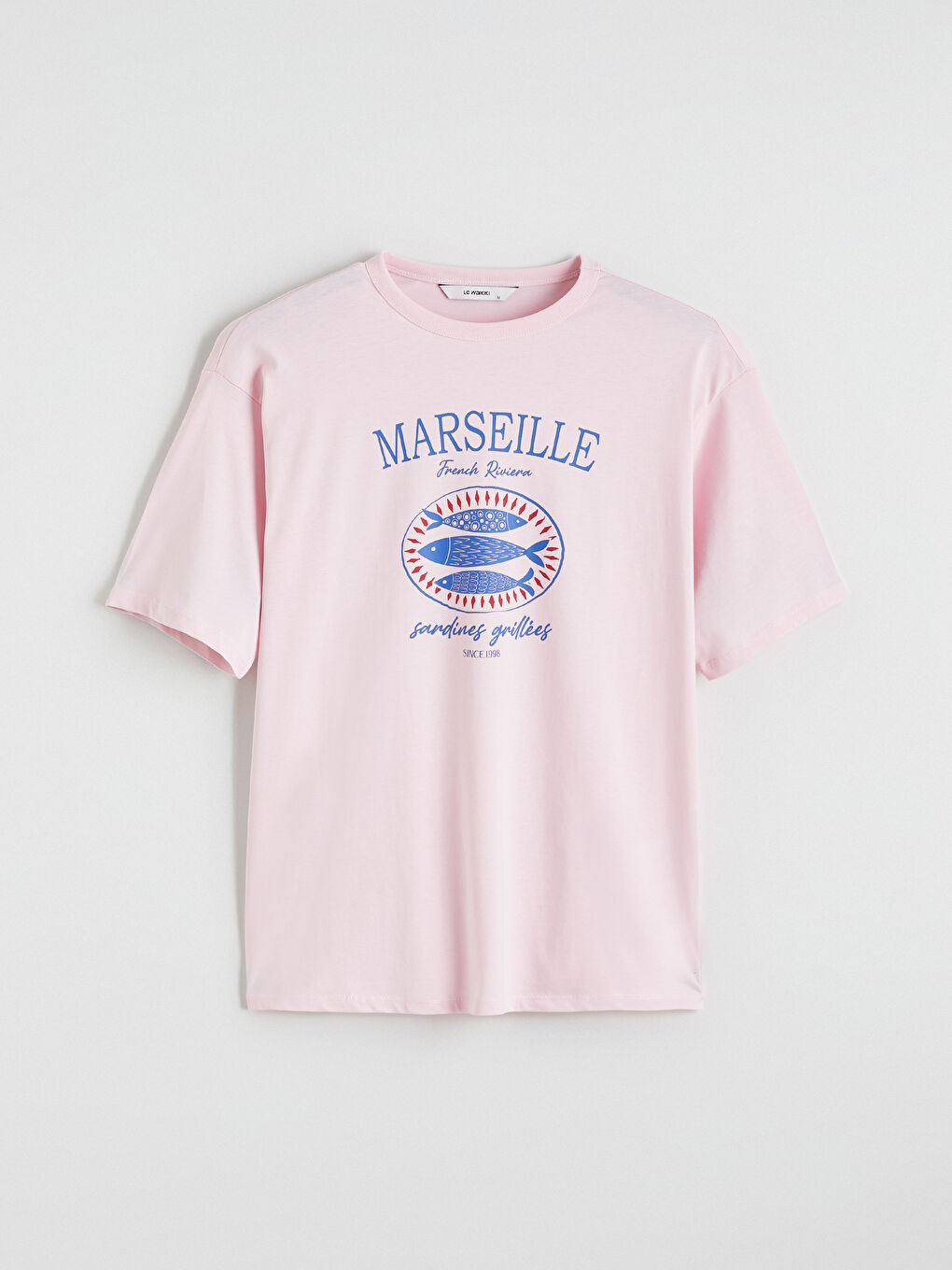 Pembe Marseille Baskılı Oversize Kadın Tişört-4