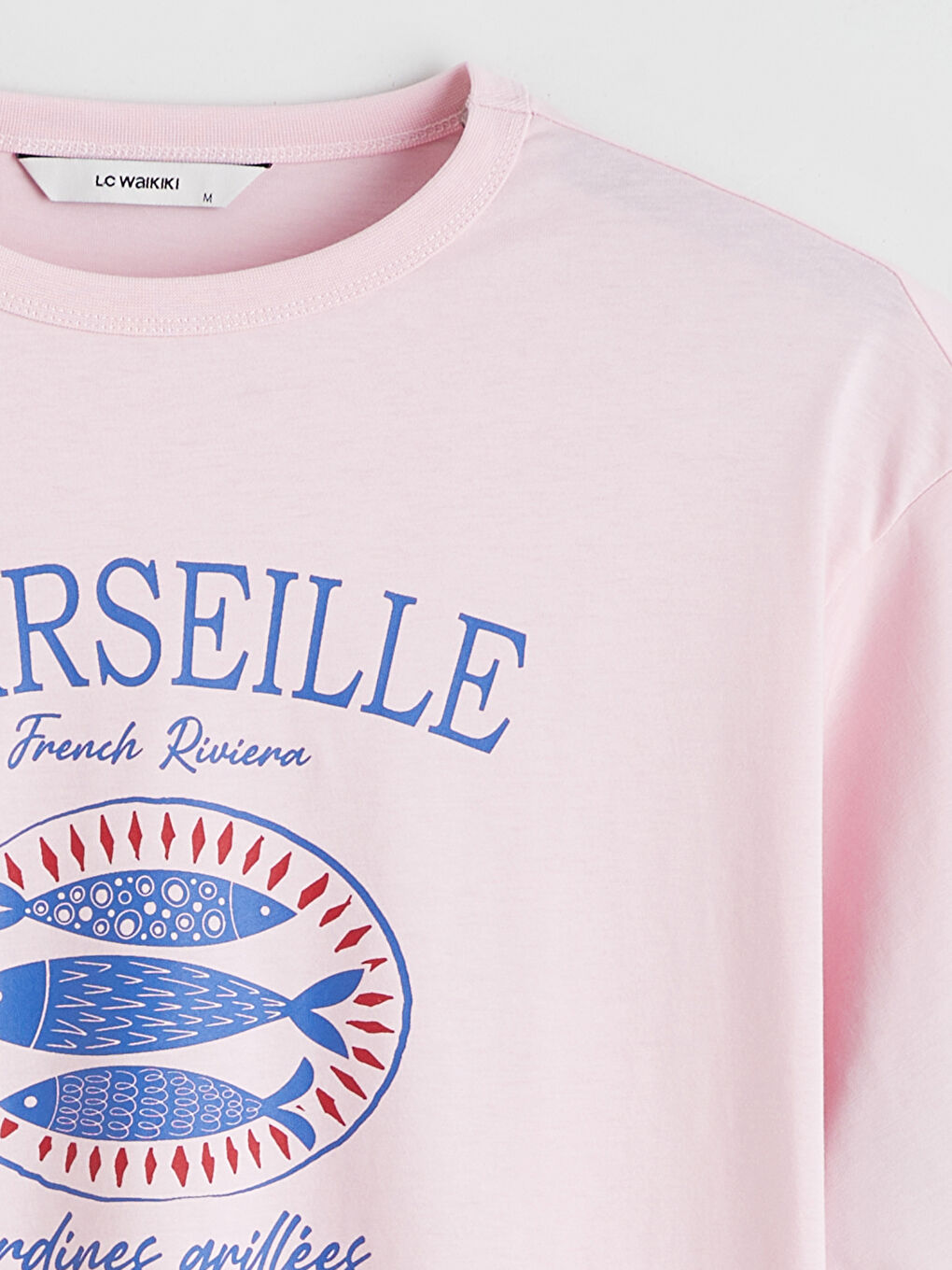 Pembe Marseille Baskılı Oversize Kadın Tişört-5