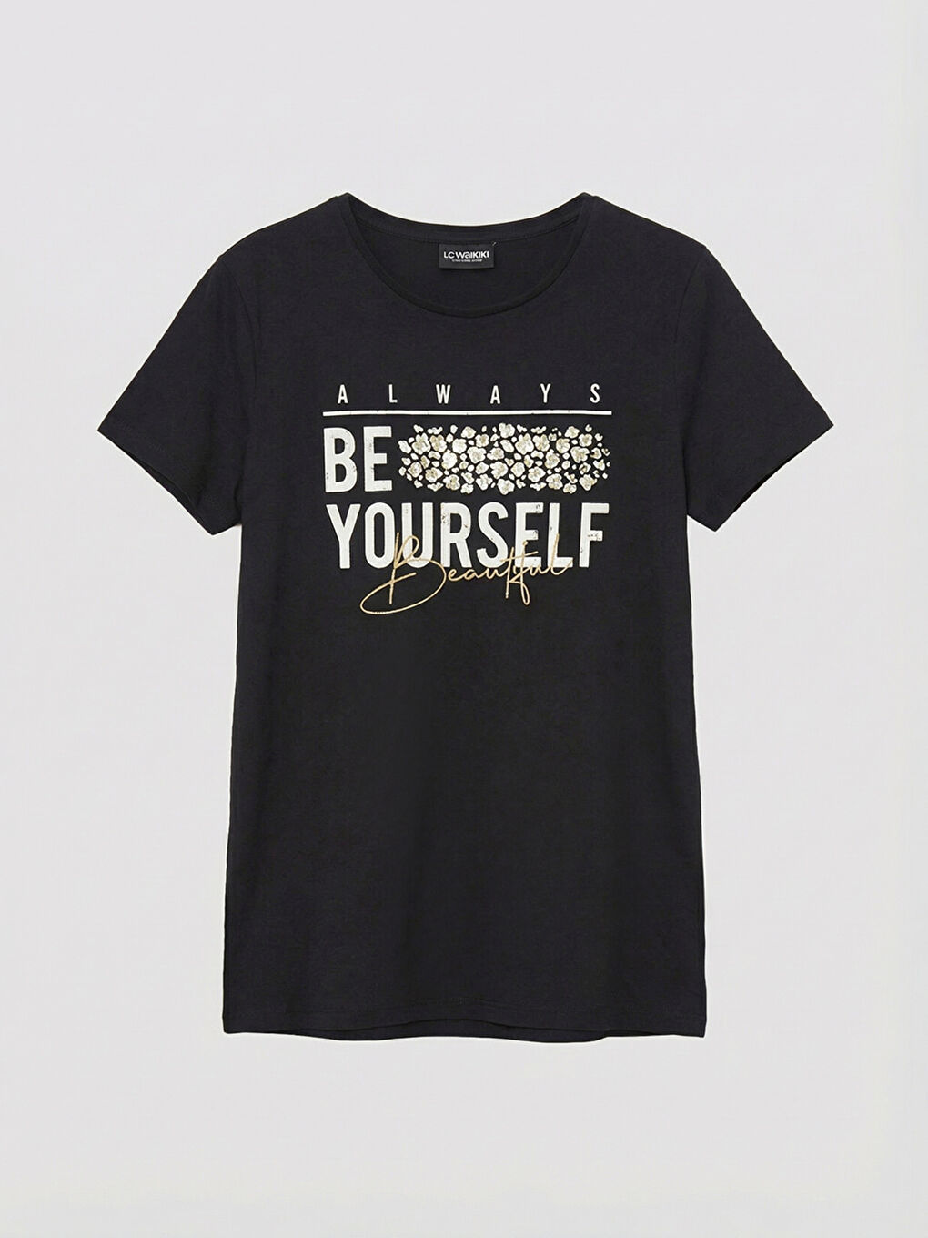 Siyah Bisiklet Yaka Baskılı Kadın Tişört