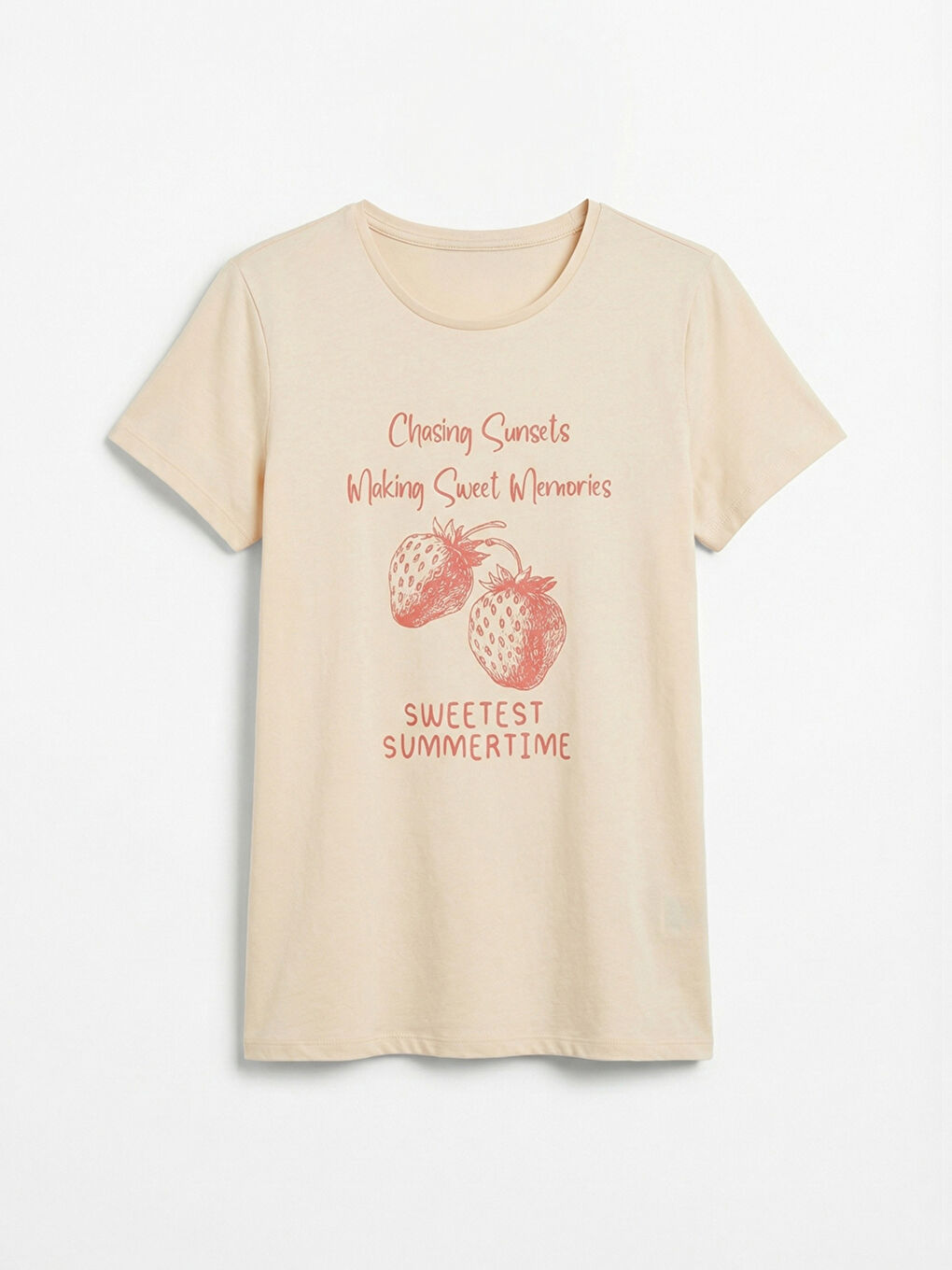 Bej Bisiklet Yaka Baskılı Kadın Tişört-4