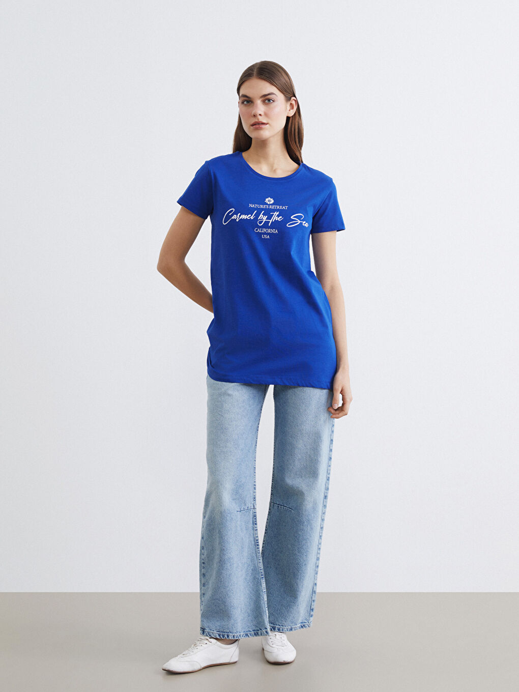 Mavi Bisiklet Yaka Baskılı Kadın Tişört-1