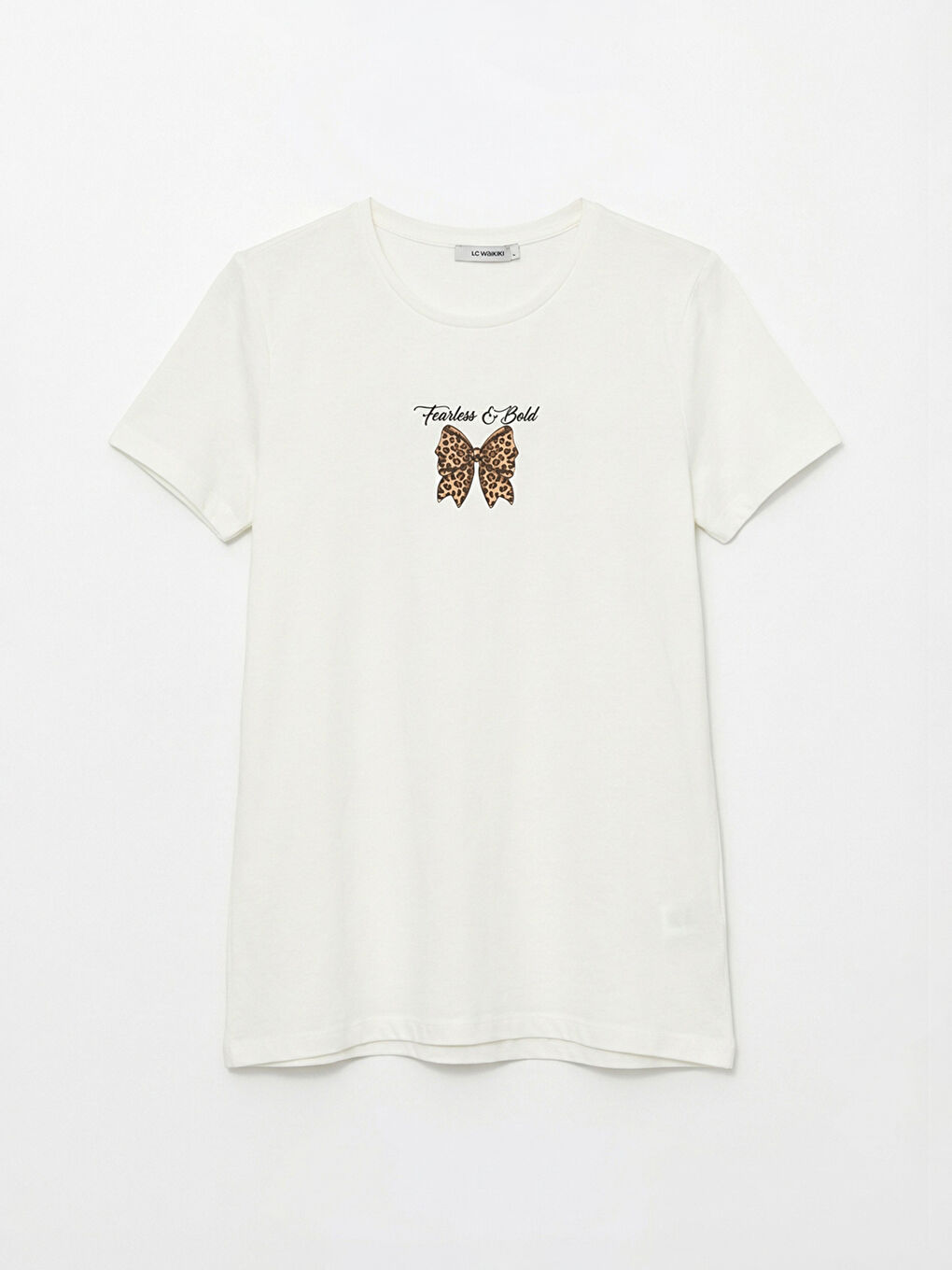 Beyaz Bisiklet Yaka Baskılı Kadın Tişört-4