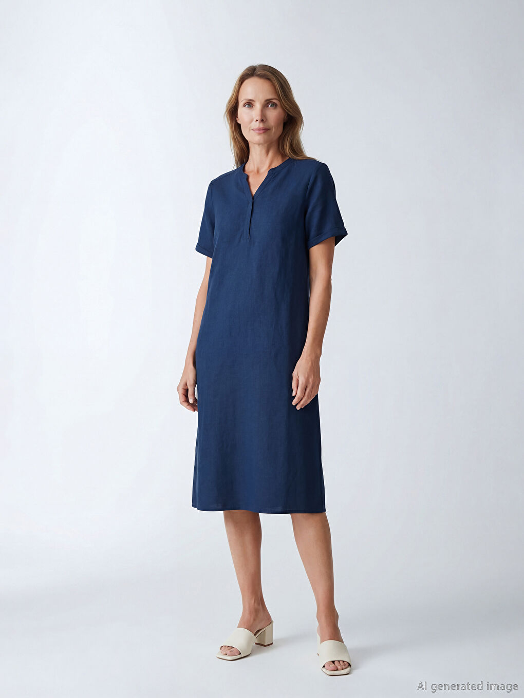 Kaçık Yaka Keten Karışımlı Elbise