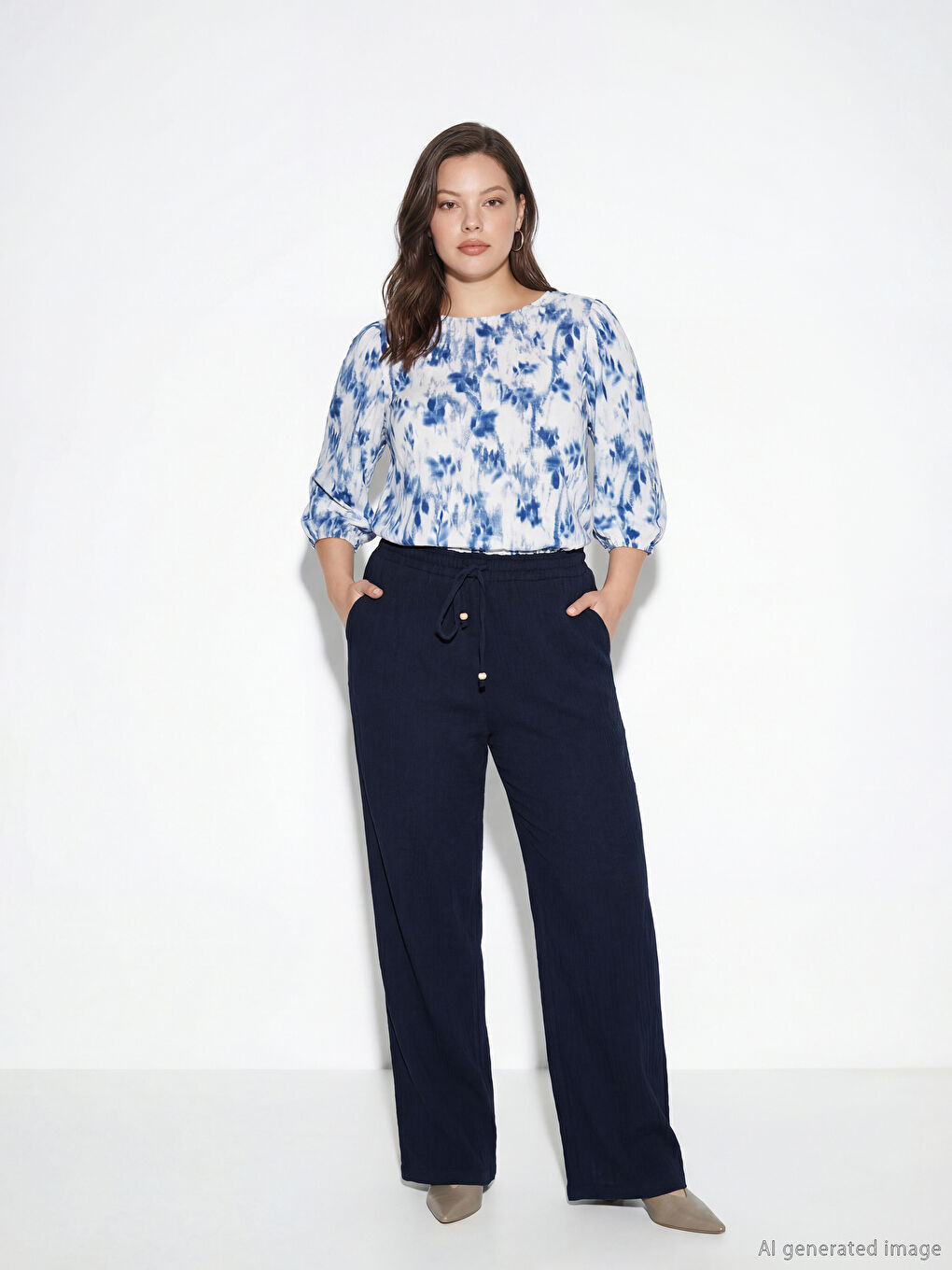 Lacivert Beli Lastikli Kadın Müslin Pantolon-1