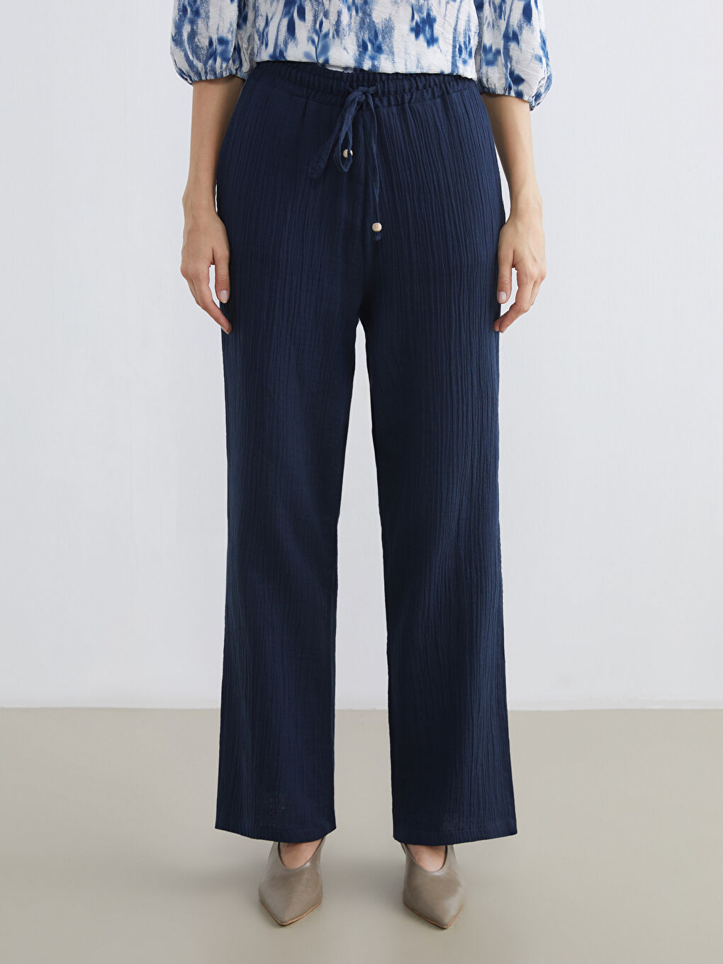 Lacivert Beli Lastikli Kadın Müslin Pantolon-1