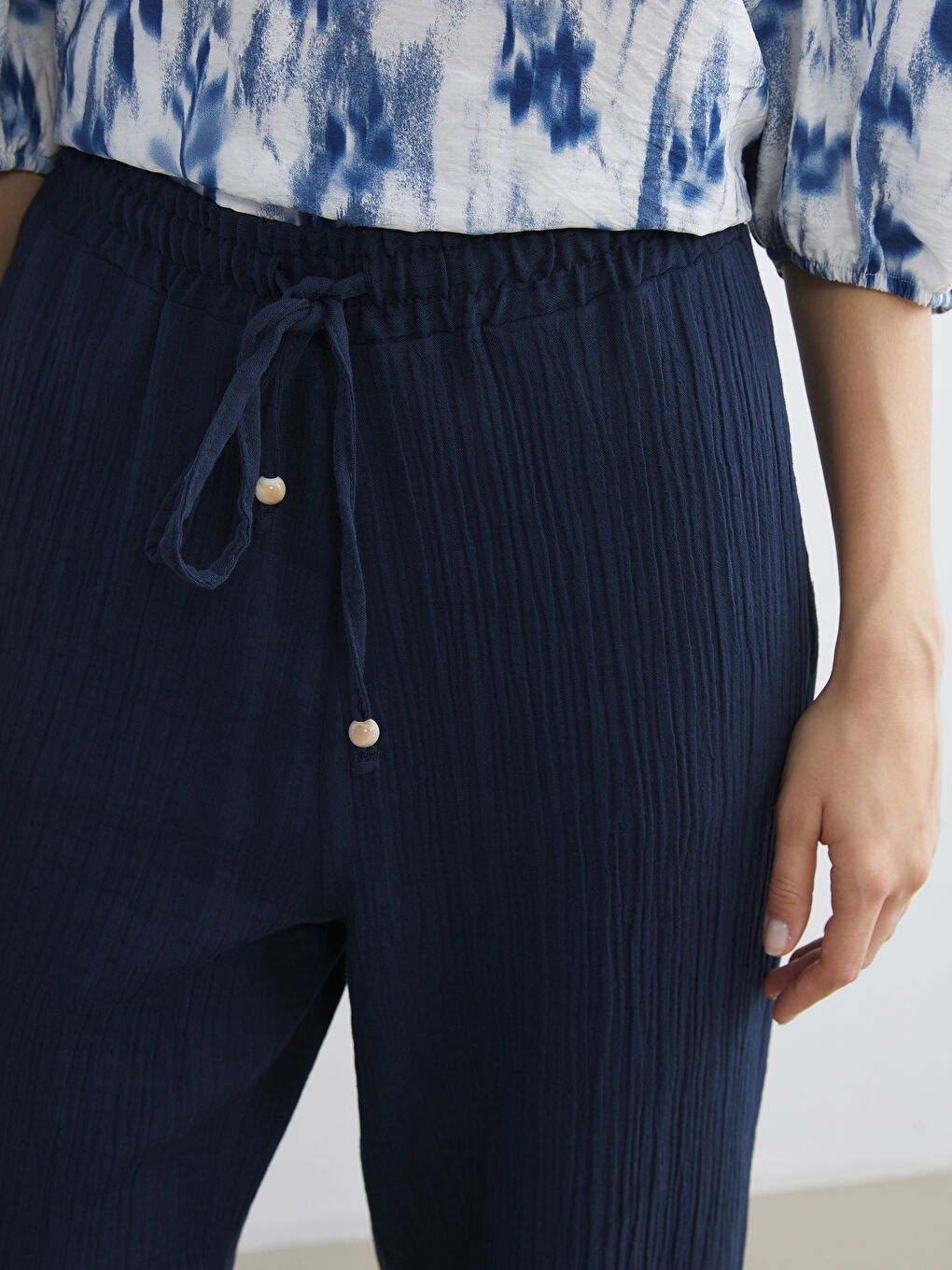 Lacivert Beli Lastikli Kadın Müslin Pantolon-2