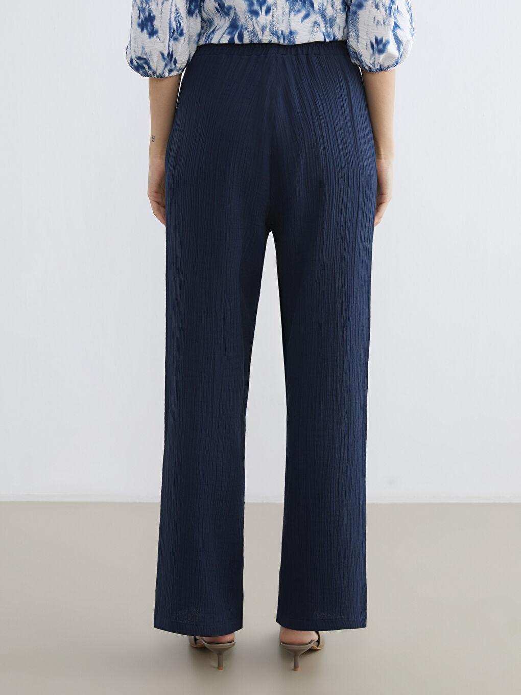 Lacivert Beli Lastikli Kadın Müslin Pantolon-3