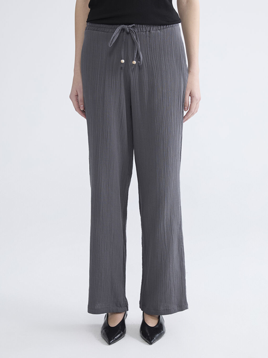 Gri Beli Lastikli Kadın Müslin Pantolon-1