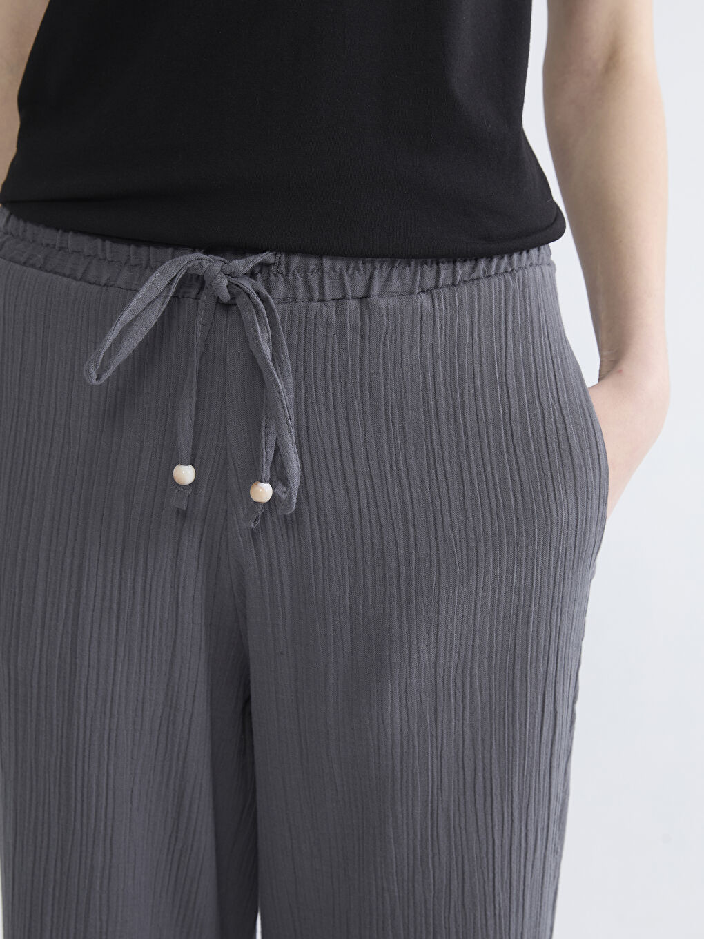 Gri Beli Lastikli Kadın Müslin Pantolon-2