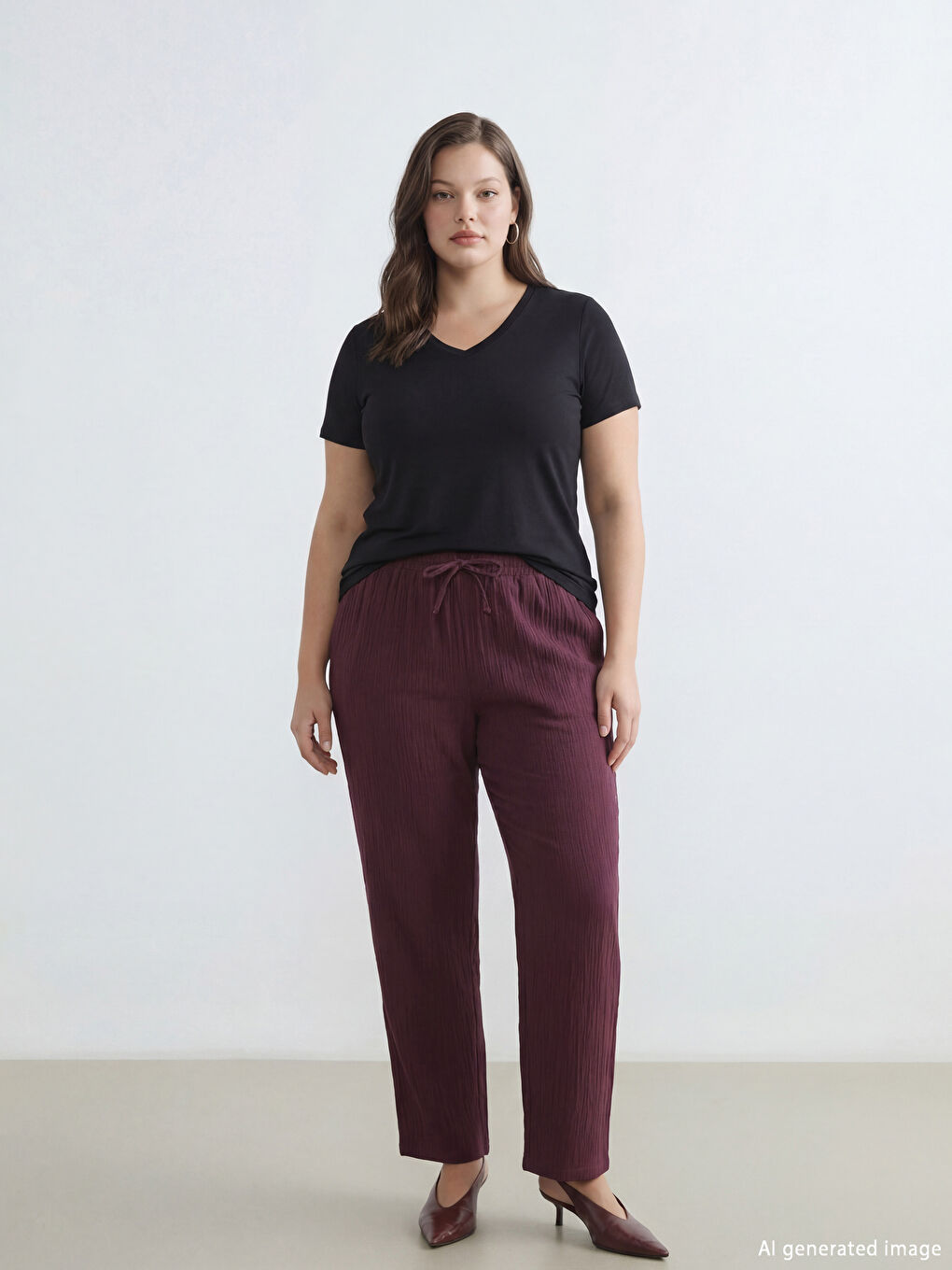 Mürdüm Beli Lastikli Havuç Kesim Kadın Müslin Pantolon	-1