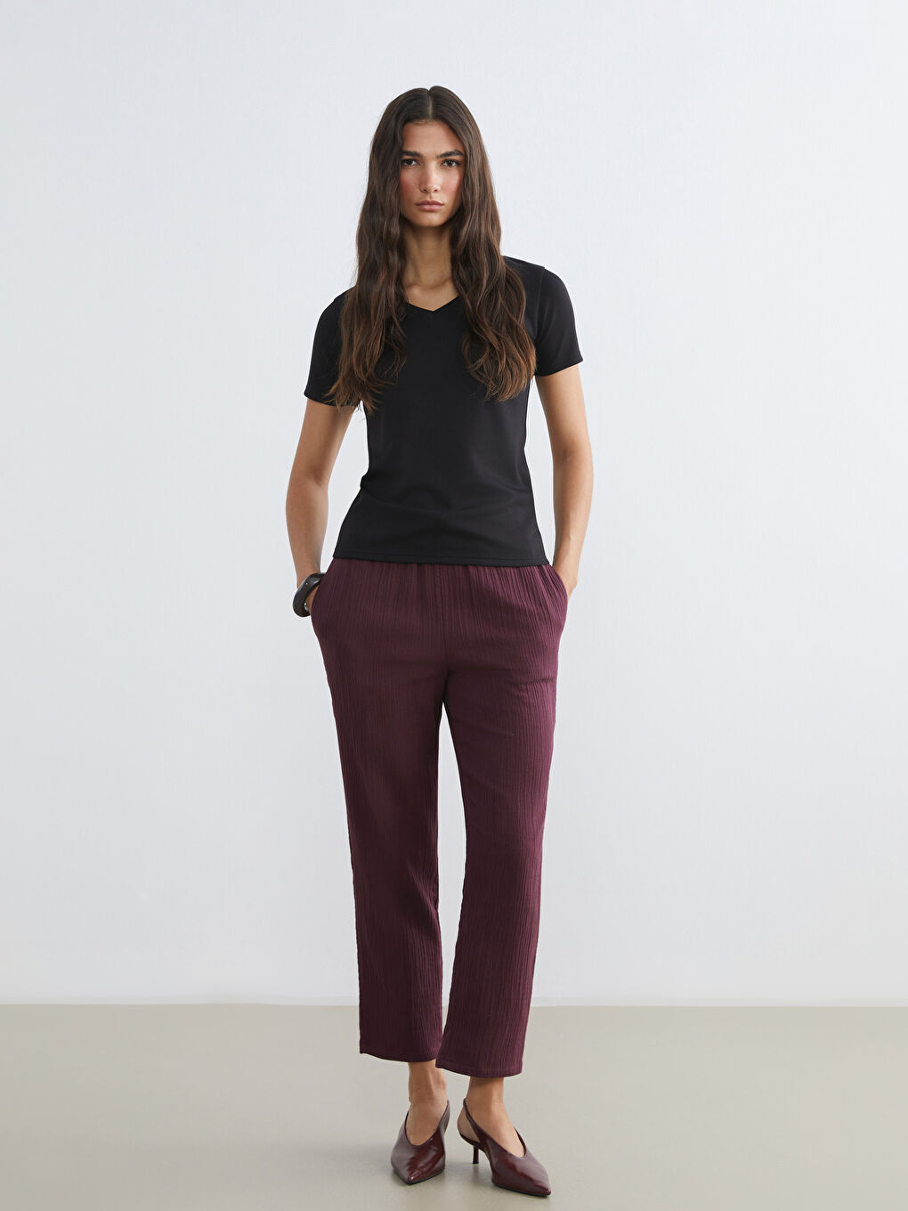 Mürdüm Beli Lastikli Havuç Kesim Kadın Müslin Pantolon	