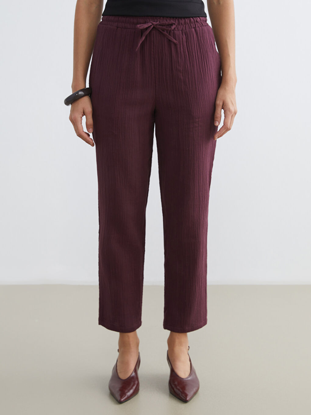 Mürdüm Beli Lastikli Havuç Kesim Kadın Müslin Pantolon	-1