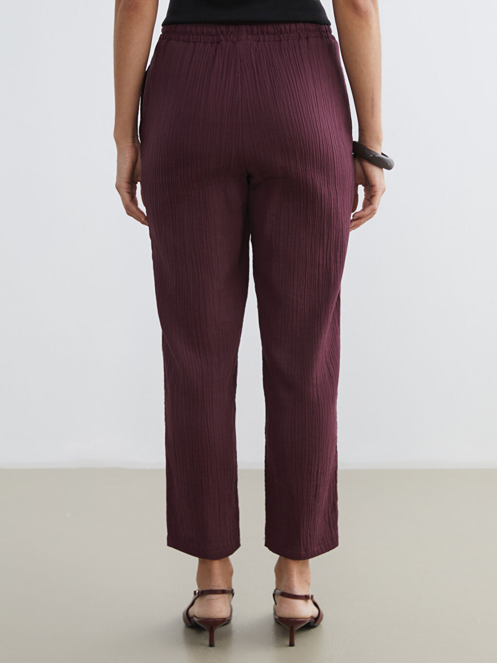 Mürdüm Beli Lastikli Havuç Kesim Kadın Müslin Pantolon	-3