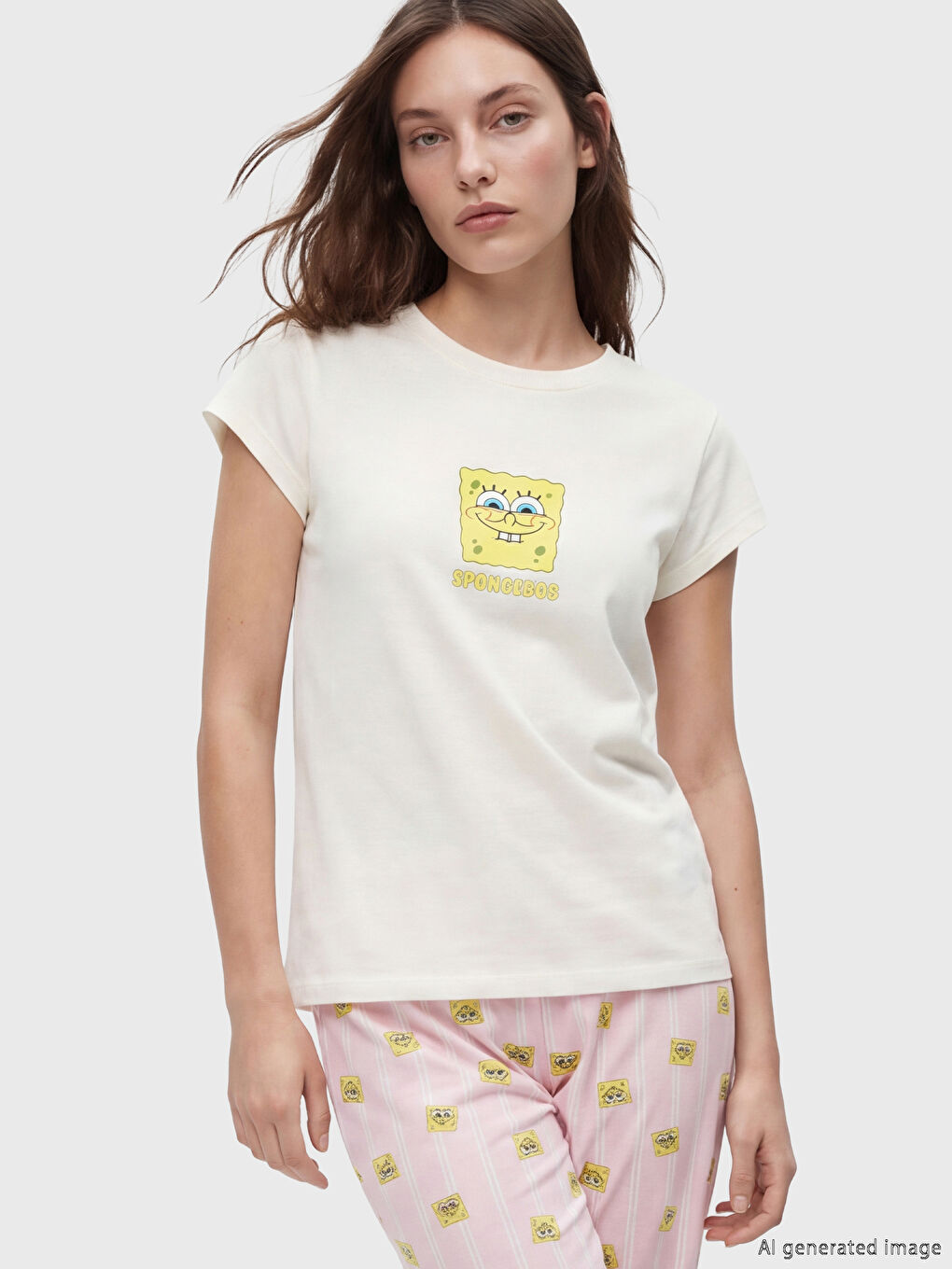 Pembe Sünger Bob Baskılı Kadın Pijama Takımı-1