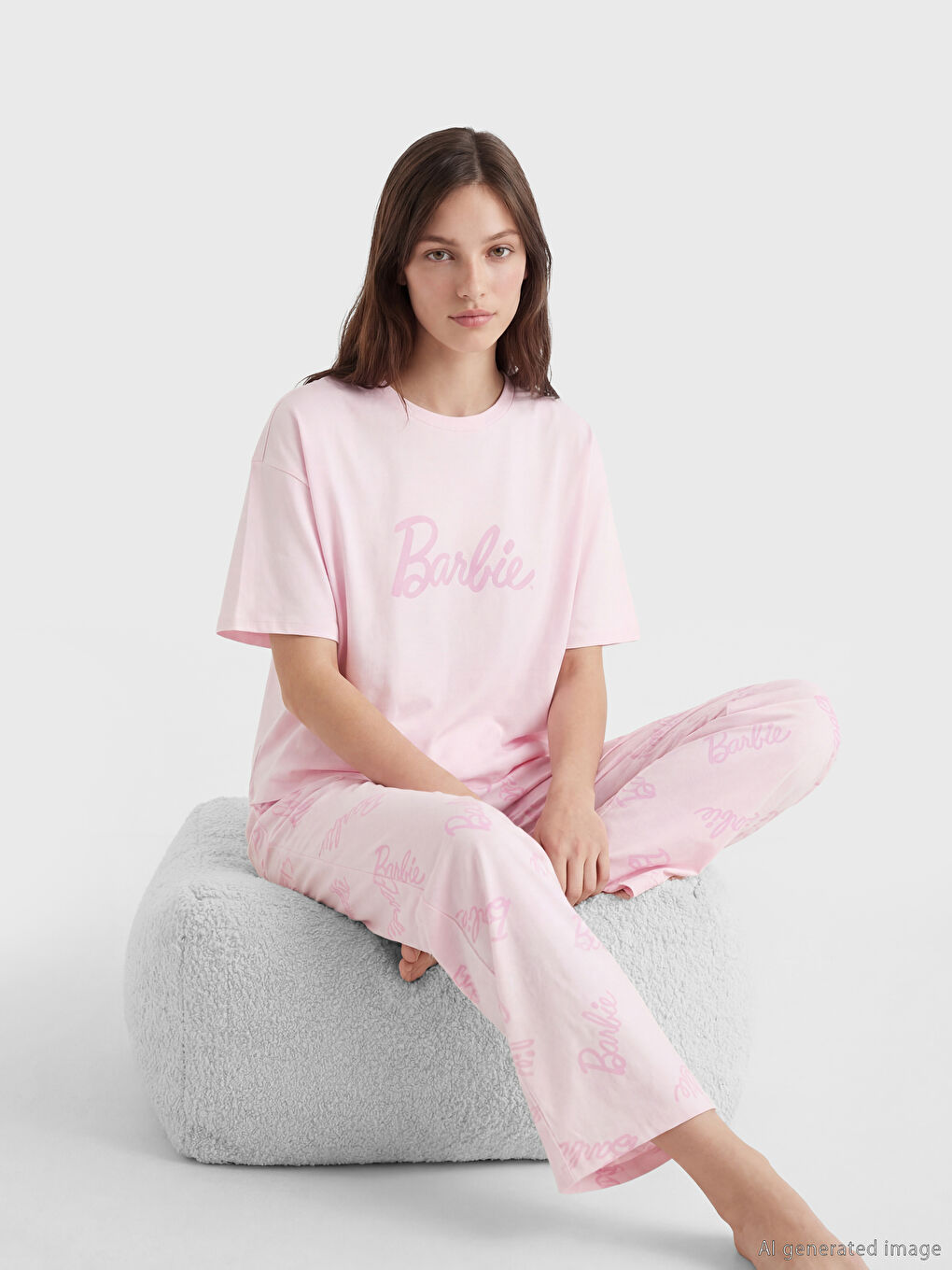 Set de pijamale pentru femei cu guler rotund și imprimeu Barbie