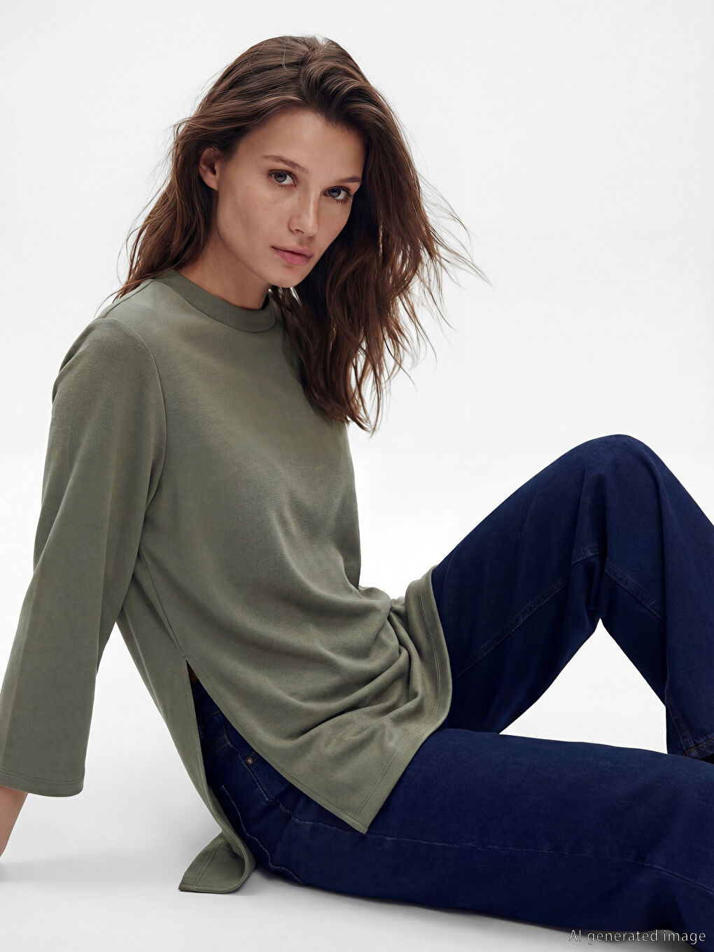 Yeşil Dik Yaka Kadın Sweatshirt Tunik