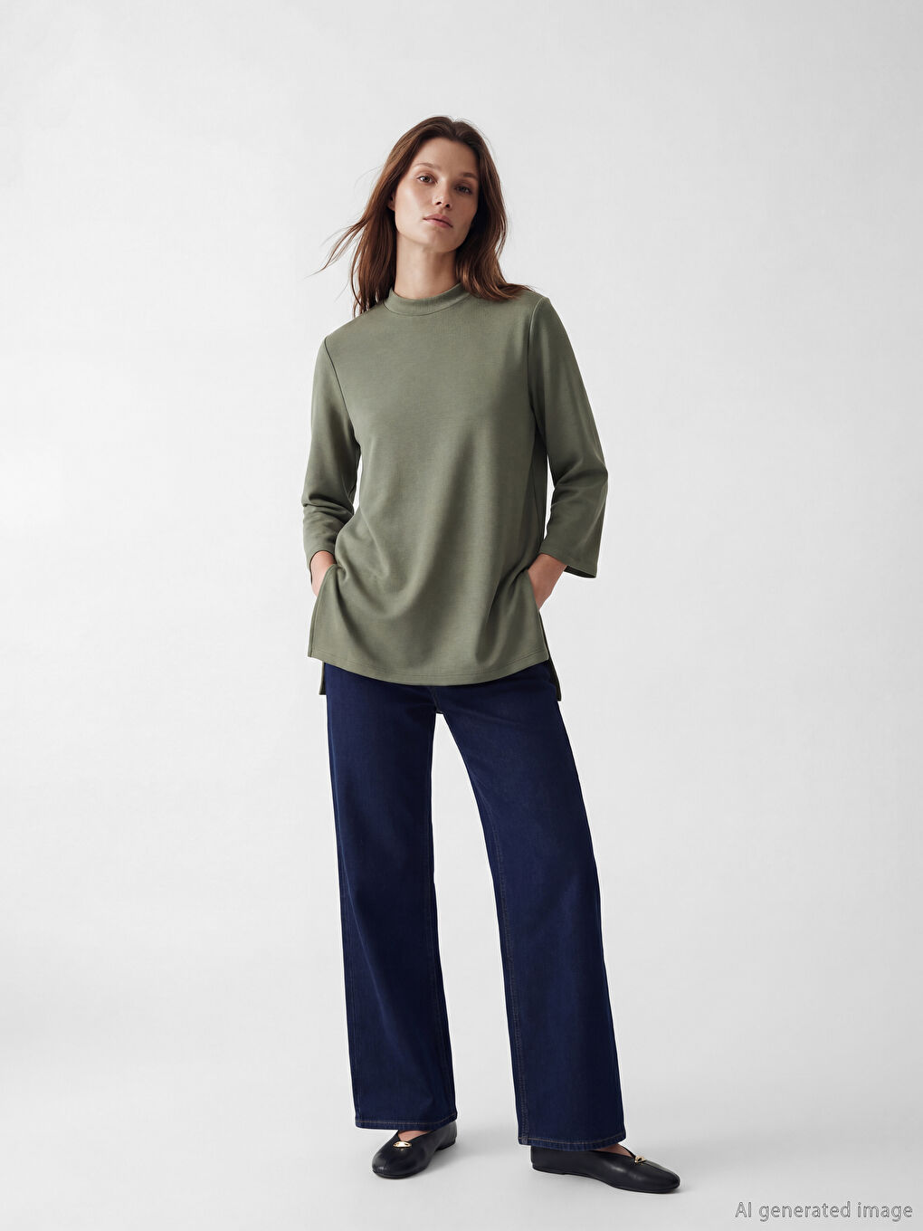 Yeşil Dik Yaka Kadın Sweatshirt Tunik-1