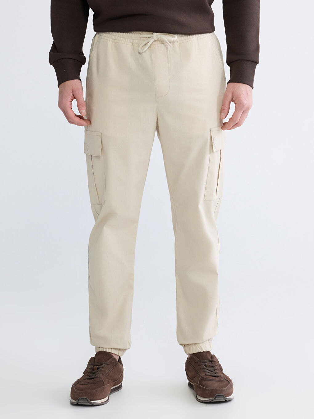 Ekru Slim Fit Erkek Kargo Pantolon-1