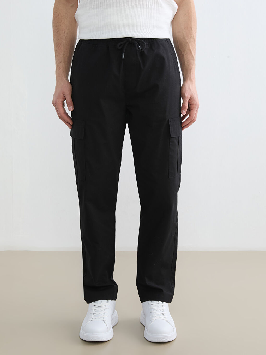 Siyah Loose Fit Erkek Kargo Pantolon-1