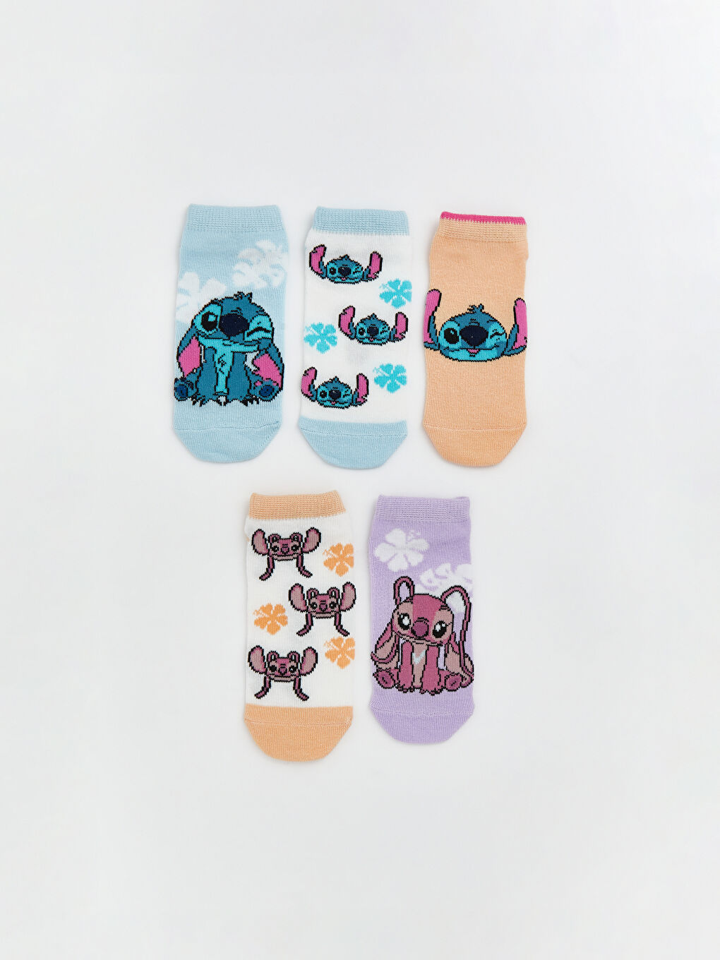 Stitch and Angel Patterned Girls' Trainer Socks 5 Pack