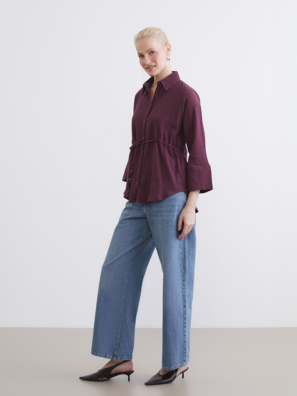 Mürdüm Bağlamalı Dokulu Kadın Müslin Gömlek-2