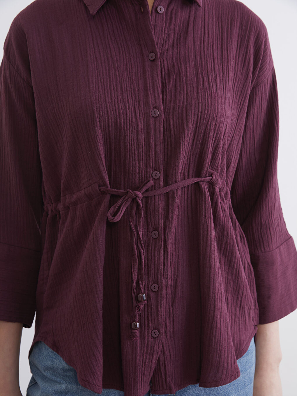 Mürdüm Bağlamalı Dokulu Kadın Müslin Gömlek-3
