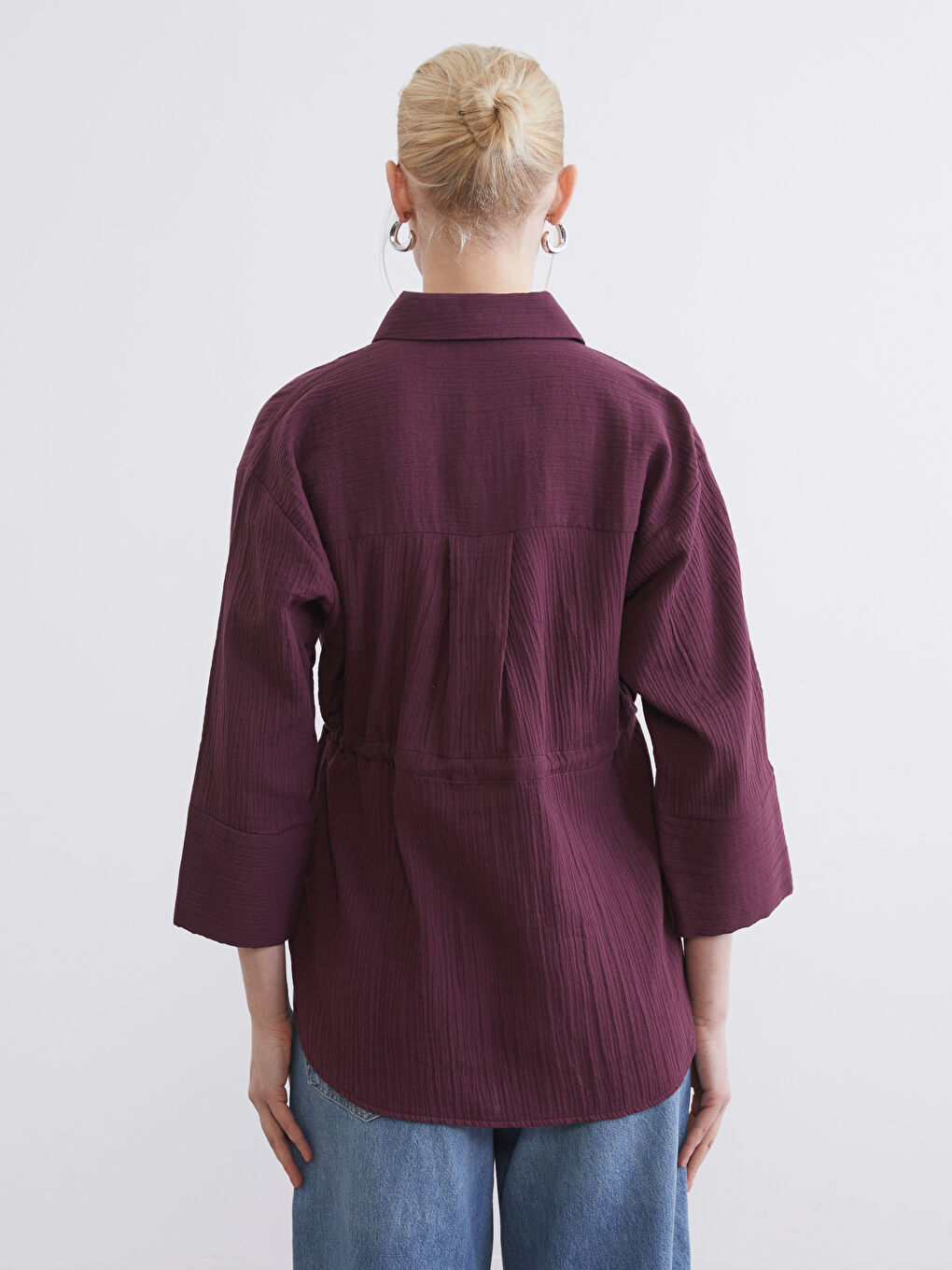 Mürdüm Bağlamalı Dokulu Kadın Müslin Gömlek-4