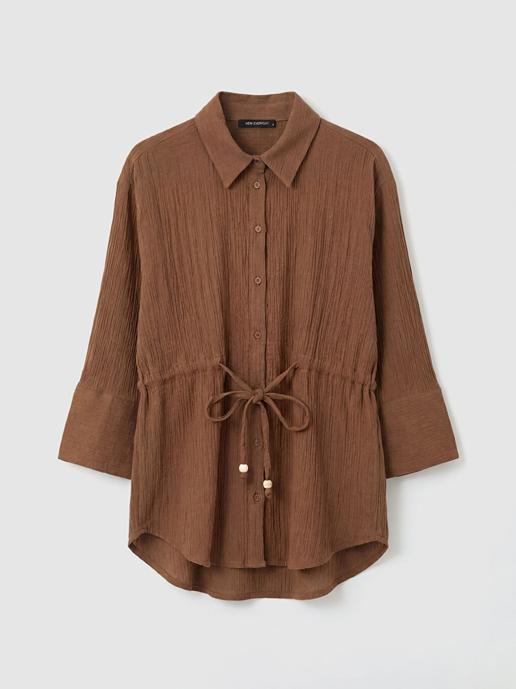 Kahverengi Bağlamalı Dokulu Kadın Müslin Gömlek-4