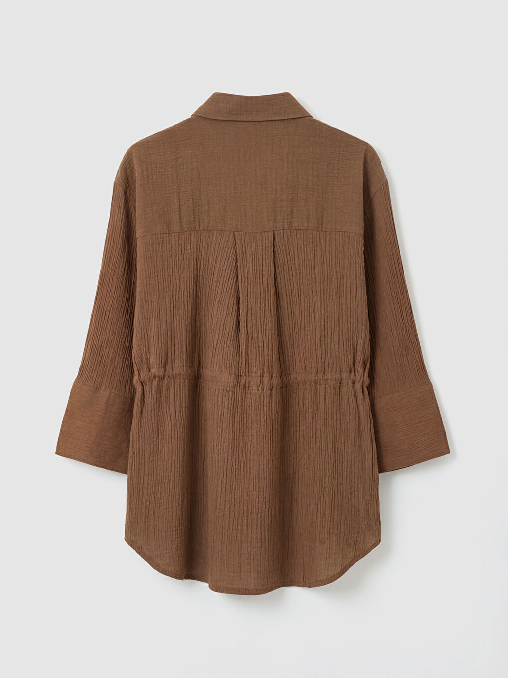 Kahverengi Bağlamalı Dokulu Kadın Müslin Gömlek-5