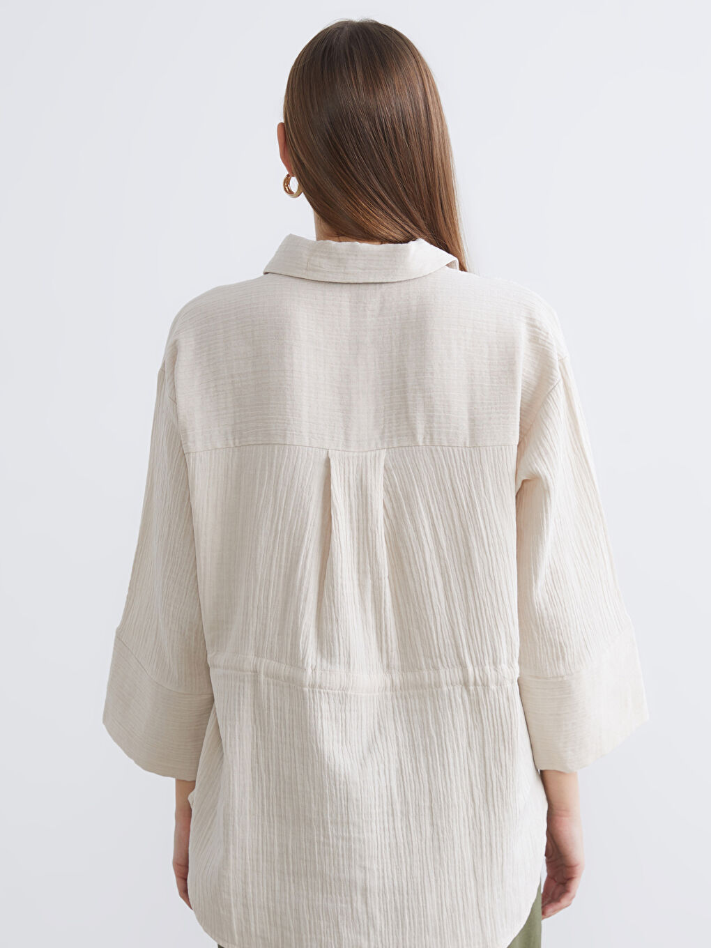 Bej Bağlamalı Dokulu Kadın Müslin Gömlek-3