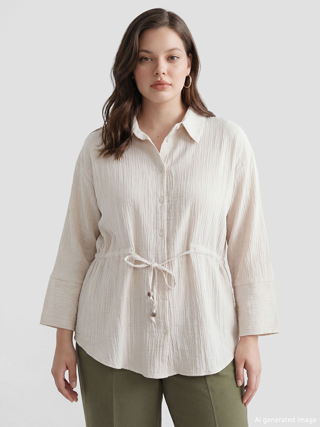 Bej Bağlamalı Dokulu Kadın Müslin Gömlek-1